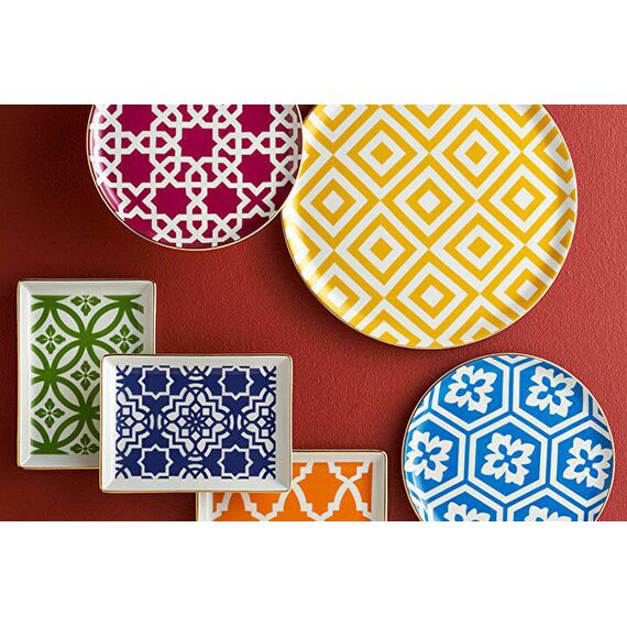 MOROCCO Сервиз обеденный на 6 персон, цвета: зелёный, синий, оранжевый, жёлтый, фуксия, петроль (18 предметов:  тарелка обеденная 28 см  - 6 шт., тарелка десертная 20 см - 6 шт., блюдо прямоугольное 18х13 см - 6 шт.), Porland